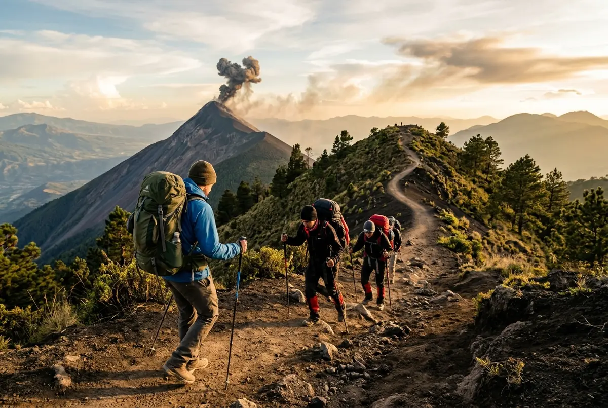 Hikers ascending toward Acatenango base camp at golden hour with backpacks and trekking poles, Fuego volcano venting smoke in the distance, acatenango volcano trek and tour 2d 1n scene