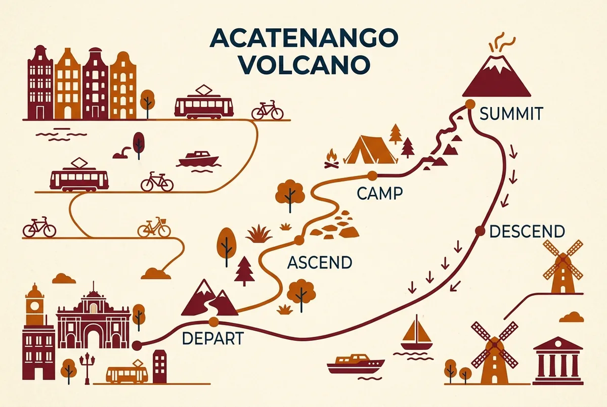 Simple itinerary map showing the Acatenango 2d1n route stages from Antigua to the La Soledad trailhead to base camp to the summit and back, labeled with generic stage names Depart, Ascend, Camp, Summit, and Descend