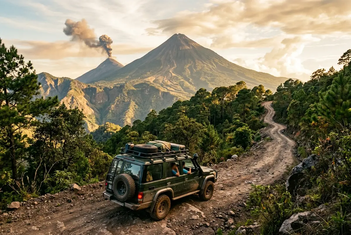 Vehículo 4x4 todoterreno subiendo un camino de tierra empinado hacia el volcán Acatenango con el Volcán de Fuego visible al fondo bajo un cielo dorado de atardecer