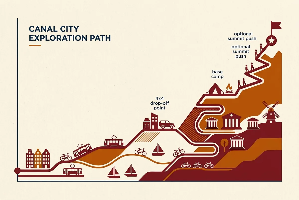 Perfil de elevación mostrando la ruta del tour volcán acatenango 4x4 desde Antigua Guatemala hasta el punto de bajada del vehículo, el campamento base y la cumbre opcional