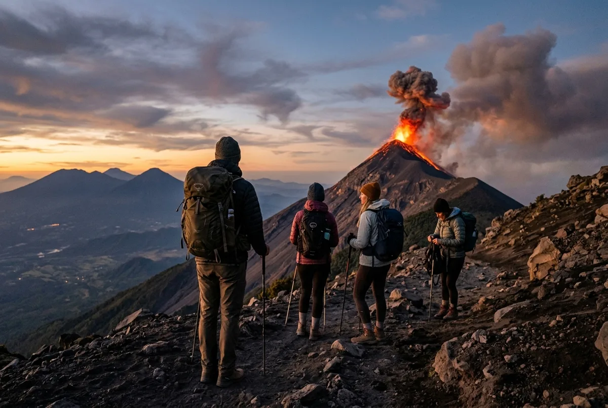 Pequeño grupo de excursionistas llegando a la cresta del volcán Acatenango al atardecer con el Volcán de Fuego en erupción al fondo, luz dorada, tierras altas de Guatemala
