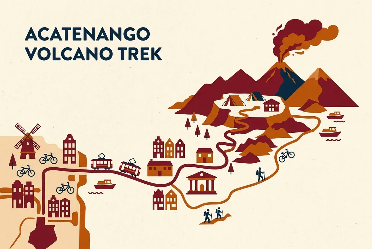 Mapa mostrando la ruta del tour volcán acatenango desde Antigua Guatemala a través del pueblo La Soledad hasta un campamento base del Acatenango frente al Volcán de Fuego