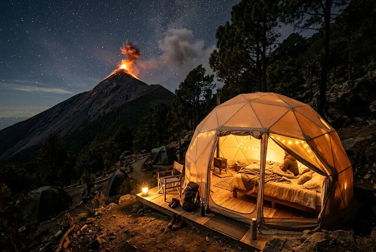 Cozy heated glamping tent with a real bed glowing warmly at Acatenango base camp at night, Fuego volcano erupting in the dark distance, acatenango volcano overnight hike comfort scene