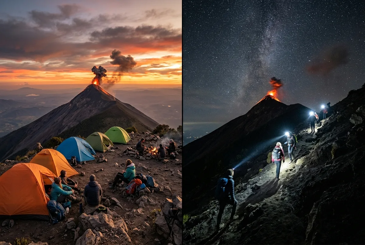 Dos excursionistas comparando un mapa de ruta bajo las estrellas en la ladera del volcán Acatenango, con el Volcán de Fuego en erupción a lo lejos, escena de tour volcán acatenango 1 día