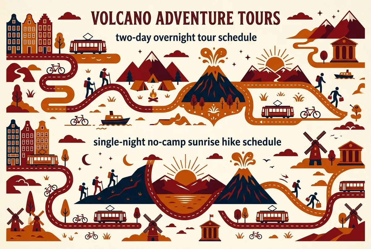 Gráfico comparando el itinerario por horas del tour volcán acatenango 1 día frente al tour clásico de 2 días 1 noche, con íconos de reloj y campamento