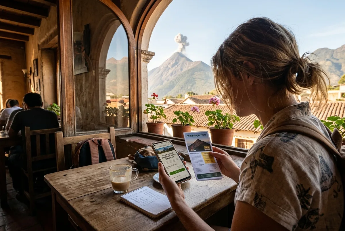 Viajero comparando precios en la pantalla de un teléfono con una página de reserva de tour volcán acatenango abierta, el Volcán de Fuego visible por la ventana de un café en Antigua Guatemala