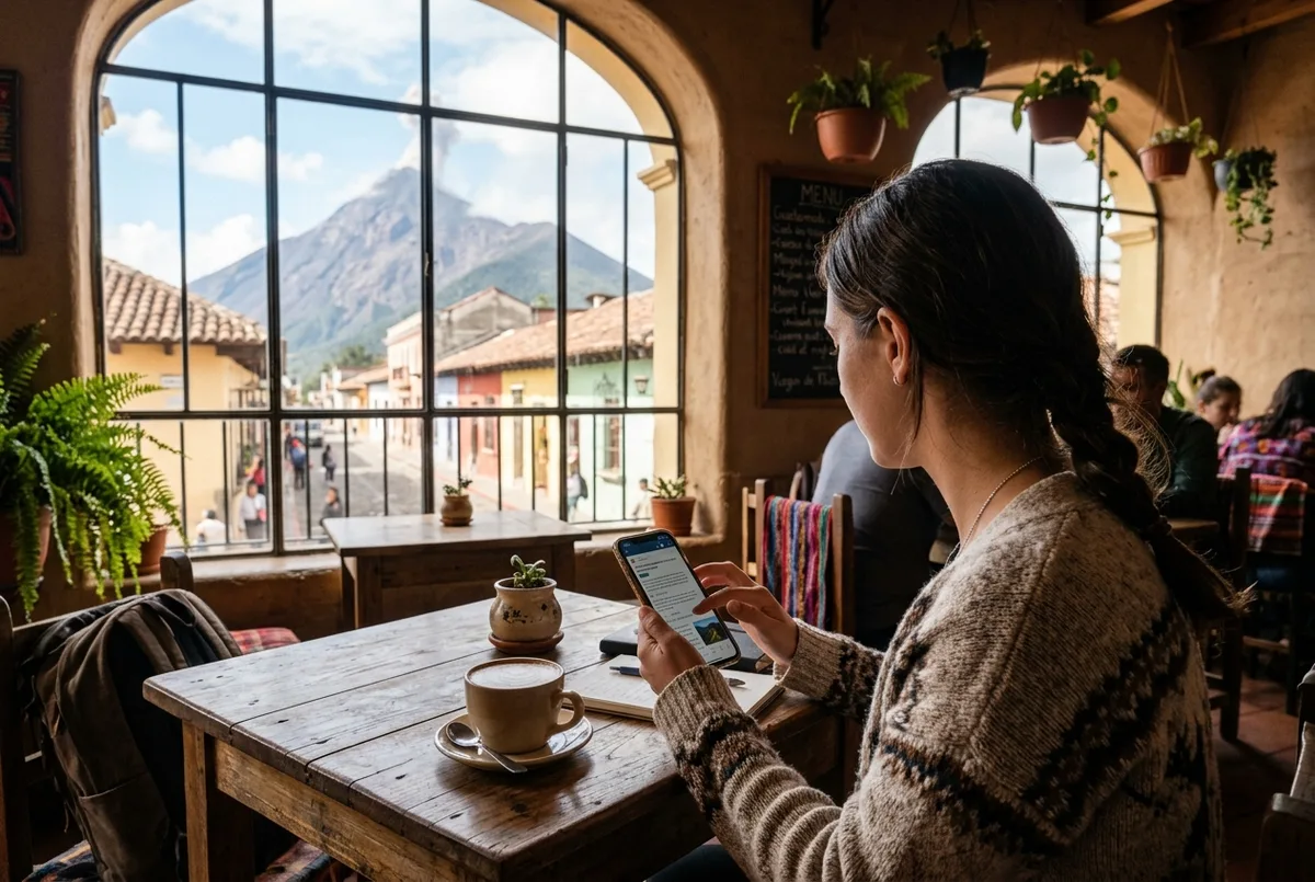 Traveler reading phone reviews at a cozy Antigua Guatemala cafe table, Fuego volcano faintly visible through the window, researching an acatenango volcano tour reddit thread