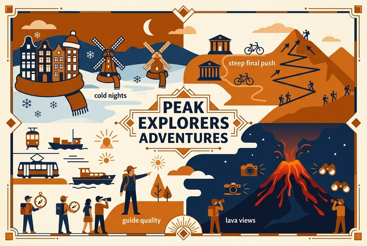 Infographic listing recurring hiker feedback themes for Acatenango volcano tours as simple icon labels: cold nights, steep final push, guide quality, and lava views