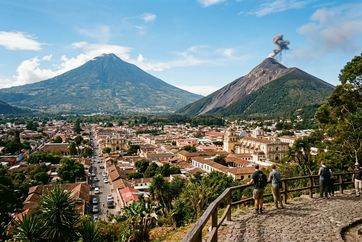 Wide daytime view of Acatenango's dormant volcanic cone with hikers on a switchback trail and Fuego volcano venting ash in the background, acatenango volcano facts scene