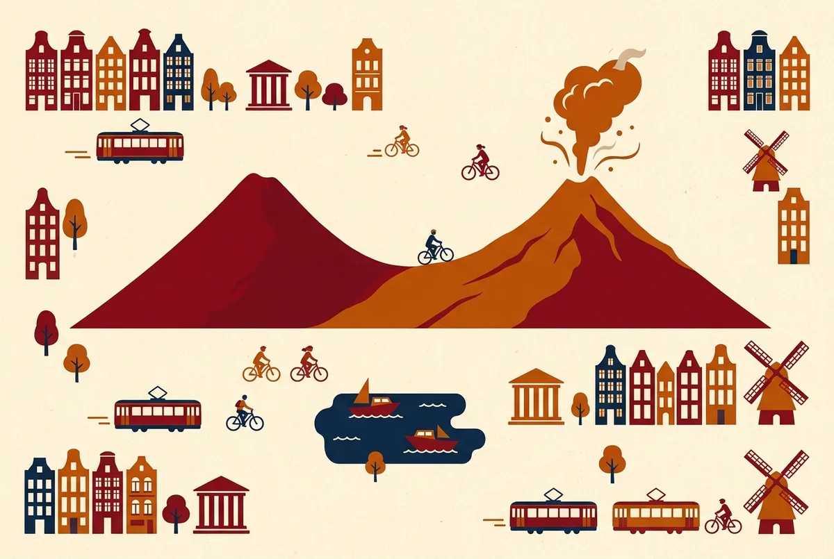 Side by side profile illustration comparing Acatenango's dormant cone and Fuego's actively venting cone connected by a saddle ridge, minimalist labeled infographic style with no numbers