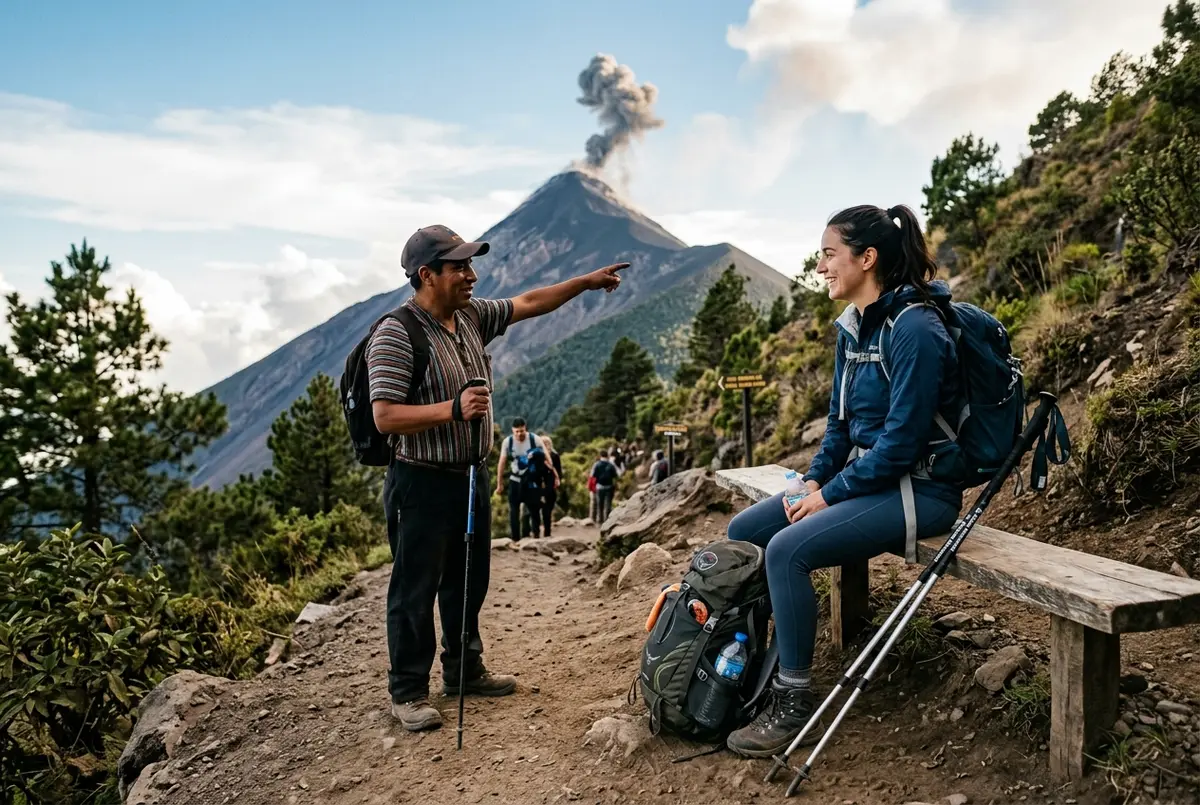 Beginner hiker using trekking poles and pausing for a rest break on the Acatenango trail with an encouraging guide nearby, Fuego volcano visible in the distance, acatenango volcano tour for beginners scene
