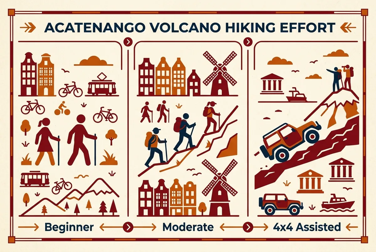 Simple fitness-level infographic comparing hiking effort for Acatenango volcano tours with icons labeled Beginner, Moderate, and 4x4 Assisted