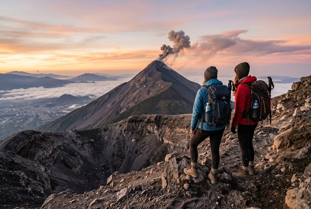 Two hikers standing on Acatenango's ridge campsite at dusk watching Volcan de Fuego erupt across the saddle, volcan de fuego vs acatenango comparison scene