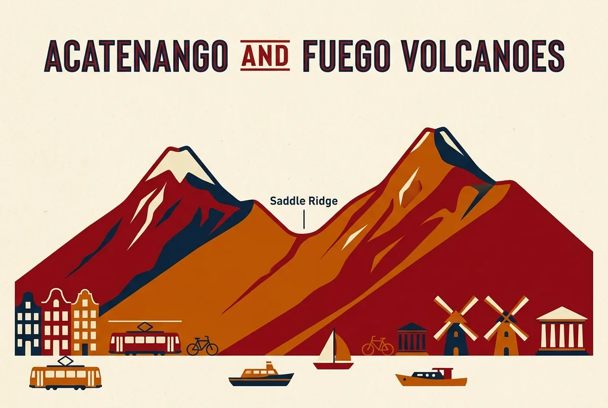 Side by side infographic comparing Acatenango and Volcan de Fuego volcanoes with the connecting saddle ridge labeled between them, minimalist comparison diagram style with no numbers