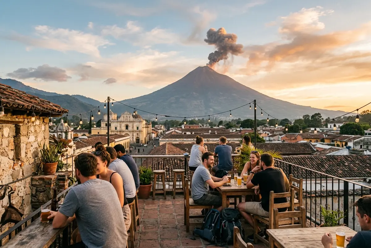 Travelers relaxing at a rooftop bar in Antigua Guatemala with Volcan de Fuego venting ash in the distance at golden hour, fuego volcano day trip no hike scene