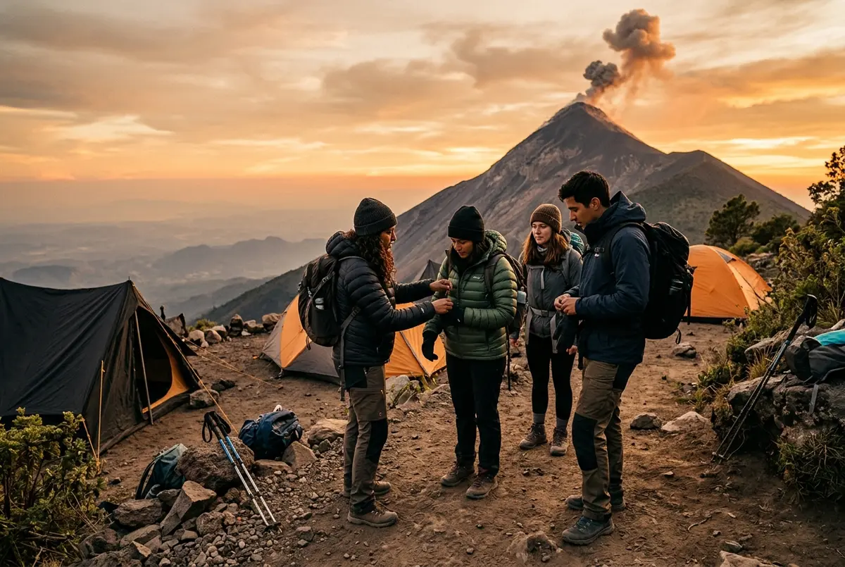 Guía revisando equipo de abrigo con un grupo pequeño de excursionistas en un campamento base del Acatenango antes del atardecer, con el Volcán de Fuego visible al fondo