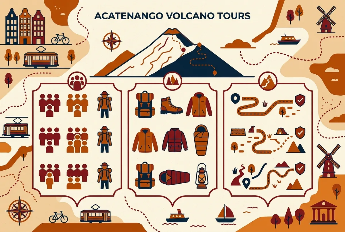 Infografía comparando proporción de guía, equipo incluido y seguridad de ruta entre operadores de tour volcán acatenango