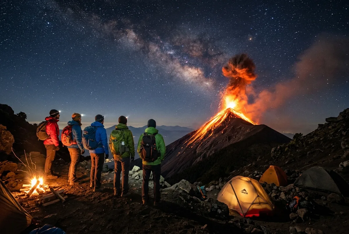 Hikers watching Fuego volcano erupt against a clear starry dry season sky from an Acatenango ridge camp, best time to hike volcan de fuego scene