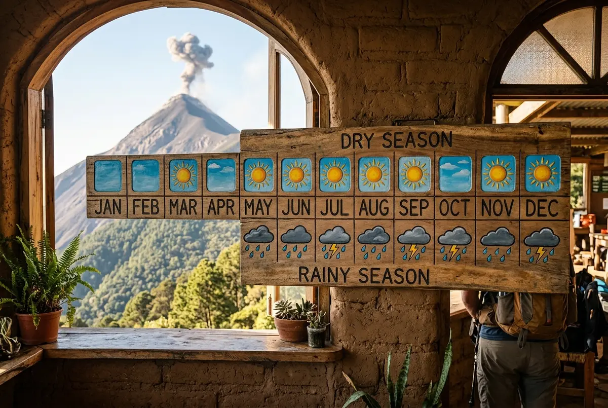Simple seasonal calendar graphic showing dry and rainy season months for hiking volcan de fuego with icons for clear skies and rain