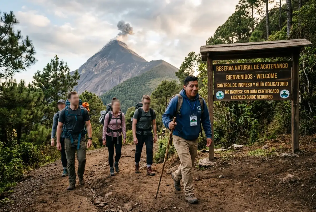Licensed local guide leading a small group of hikers past a reserve checkpoint sign on the Acatenango trail, volcan de fuego hike guide requirement scene