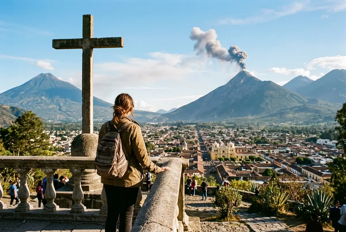 Traveler at the Cerro de la Cruz viewpoint above Antigua Guatemala looking toward distant Volcan de Fuego venting ash on a clear afternoon, showing the distance from antigua to the volcano