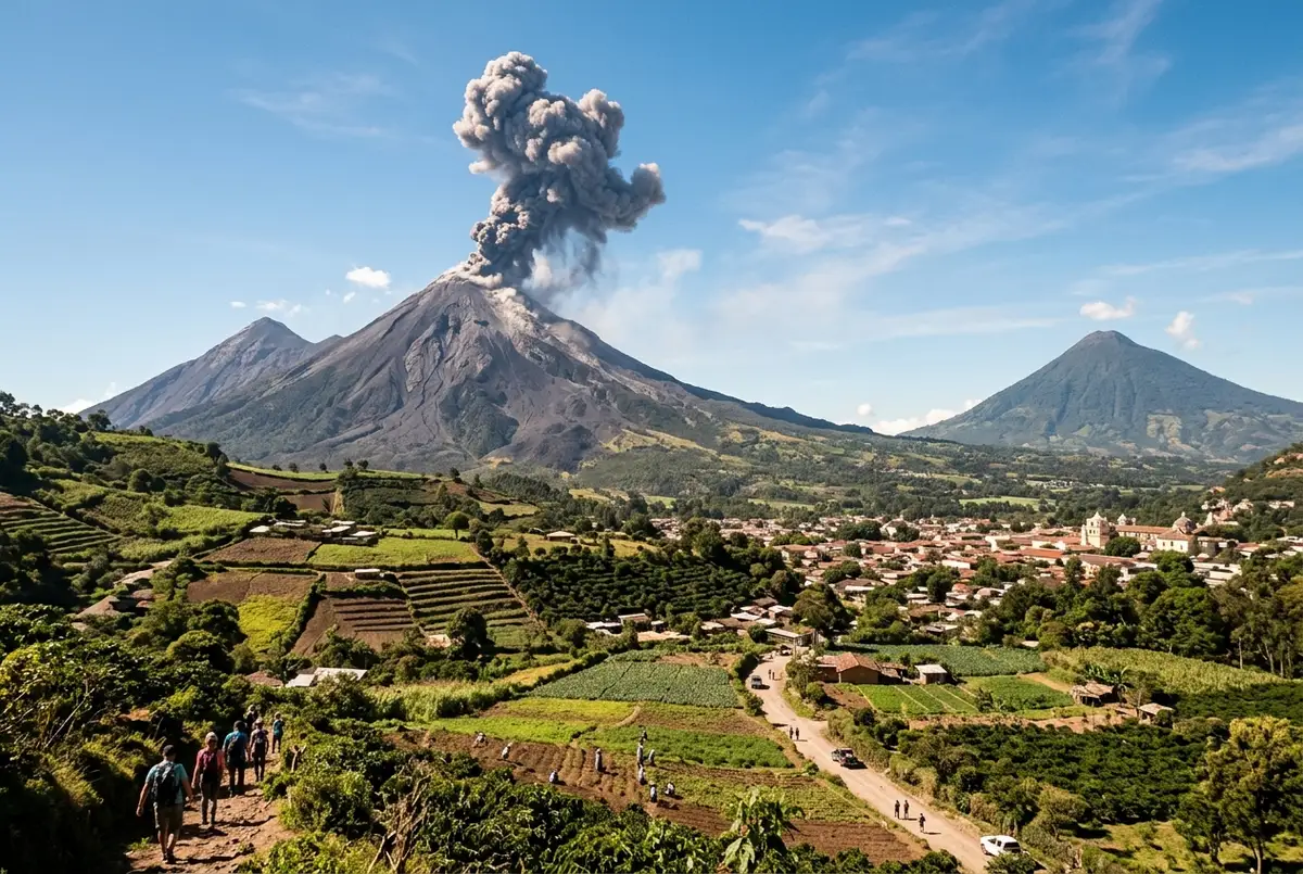 Wide daytime view of Volcan de Fuego stratovolcano venting a gray ash column against a blue sky, with the Guatemalan highlands and farmland visible below, volcan de fuego facts scene