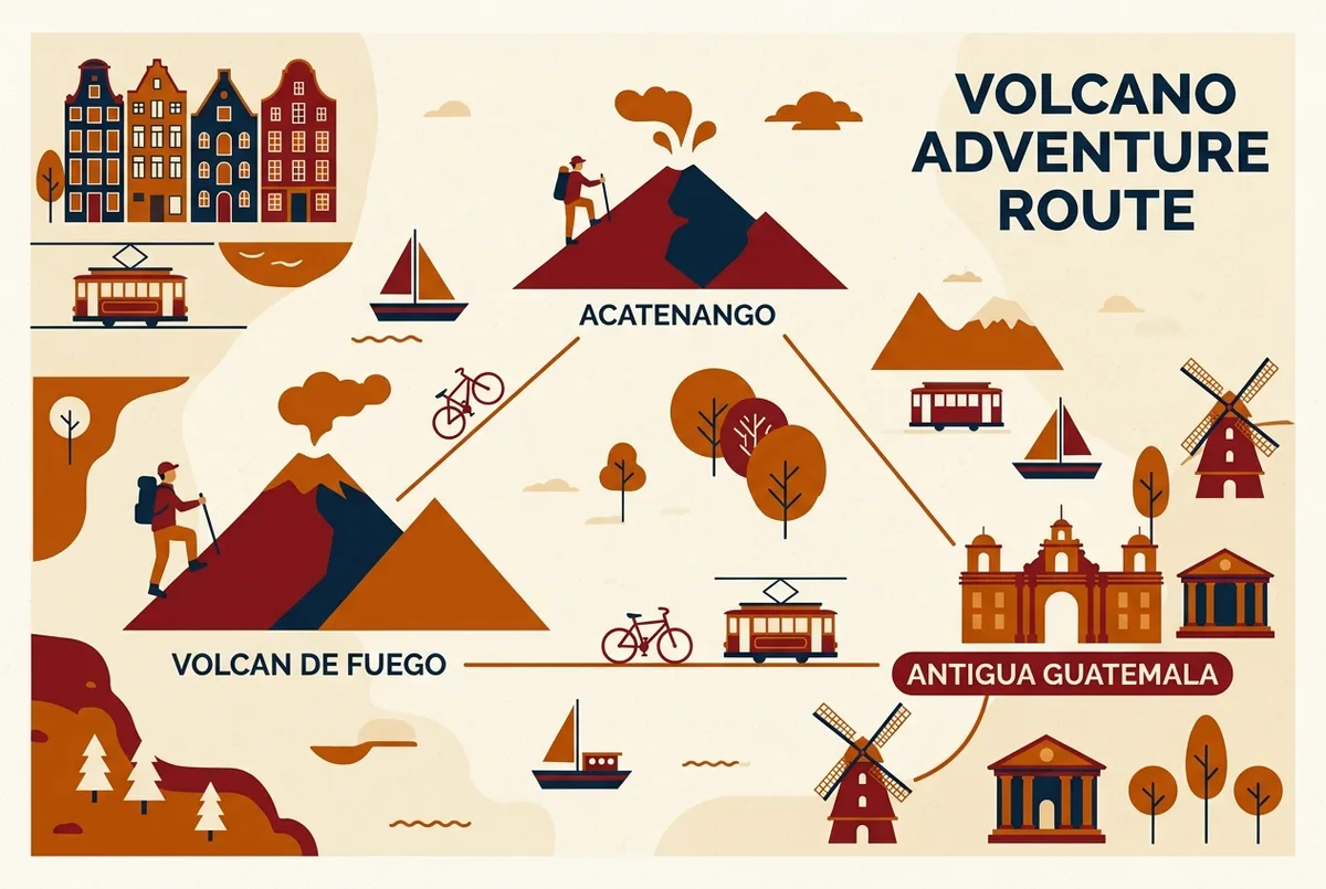 Simple labeled map showing Volcan de Fuego, Acatenango, and Antigua Guatemala with distance lines connecting them, generic map style with no prices or statistics