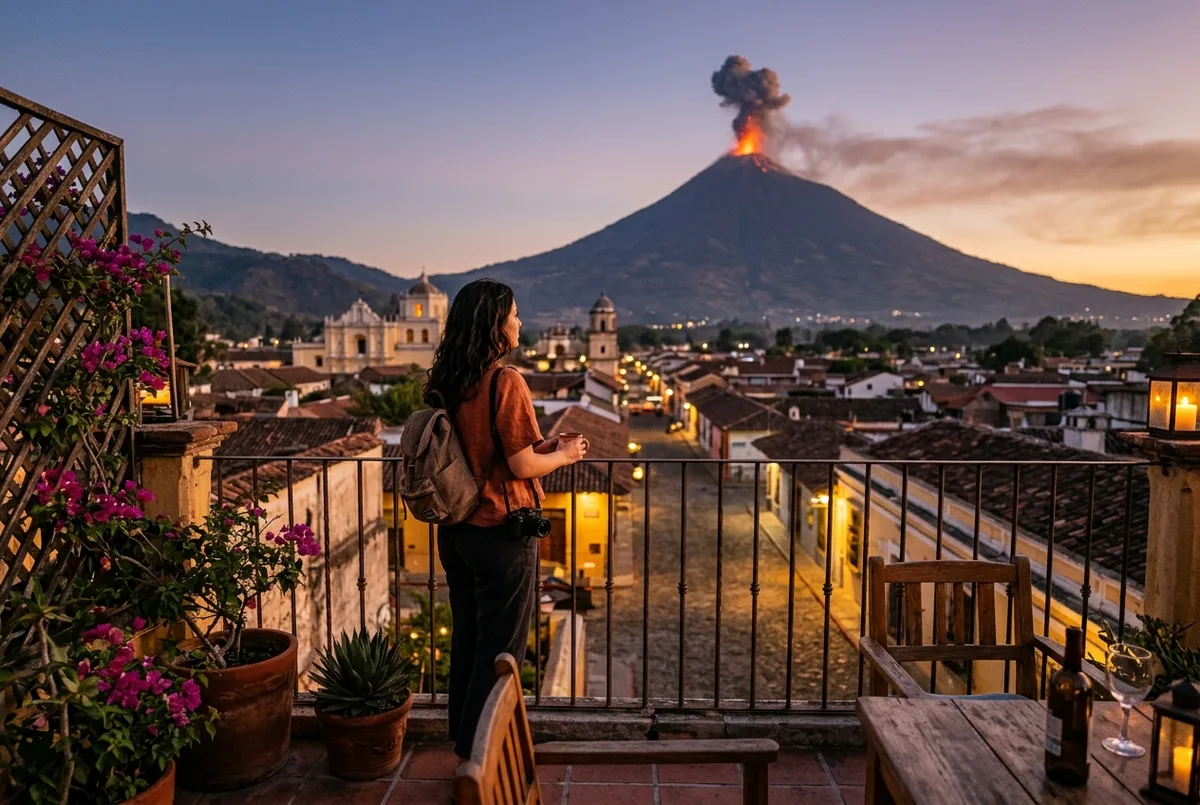 Traveler on an Antigua Guatemala rooftop terrace at dusk with Volcan de Fuego erupting in the distance beyond the city's colonial rooftops, volcan de fuego antigua scene
