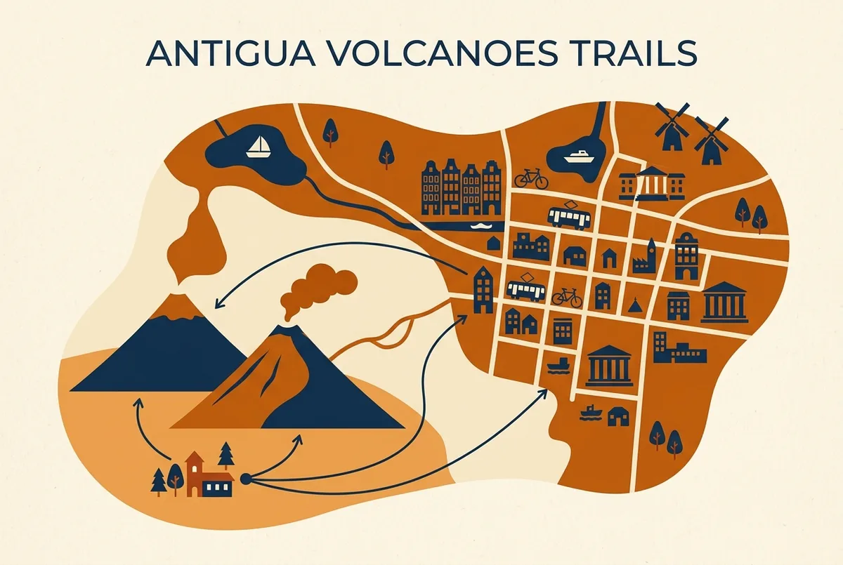 Simple labeled map showing Antigua Guatemala, Volcan de Fuego and Acatenango with distance lines and the main trailhead village marked, minimalist travel planning map style with no numbers
