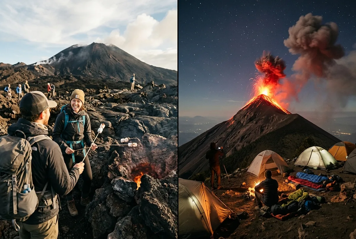 Split scene showing an easy Pacaya volcano hike with a marshmallow roast on one side and a dramatic Volcan de Fuego eruption seen from an Acatenango ridge camp on the other, fuego vs pacaya volcano comparison
