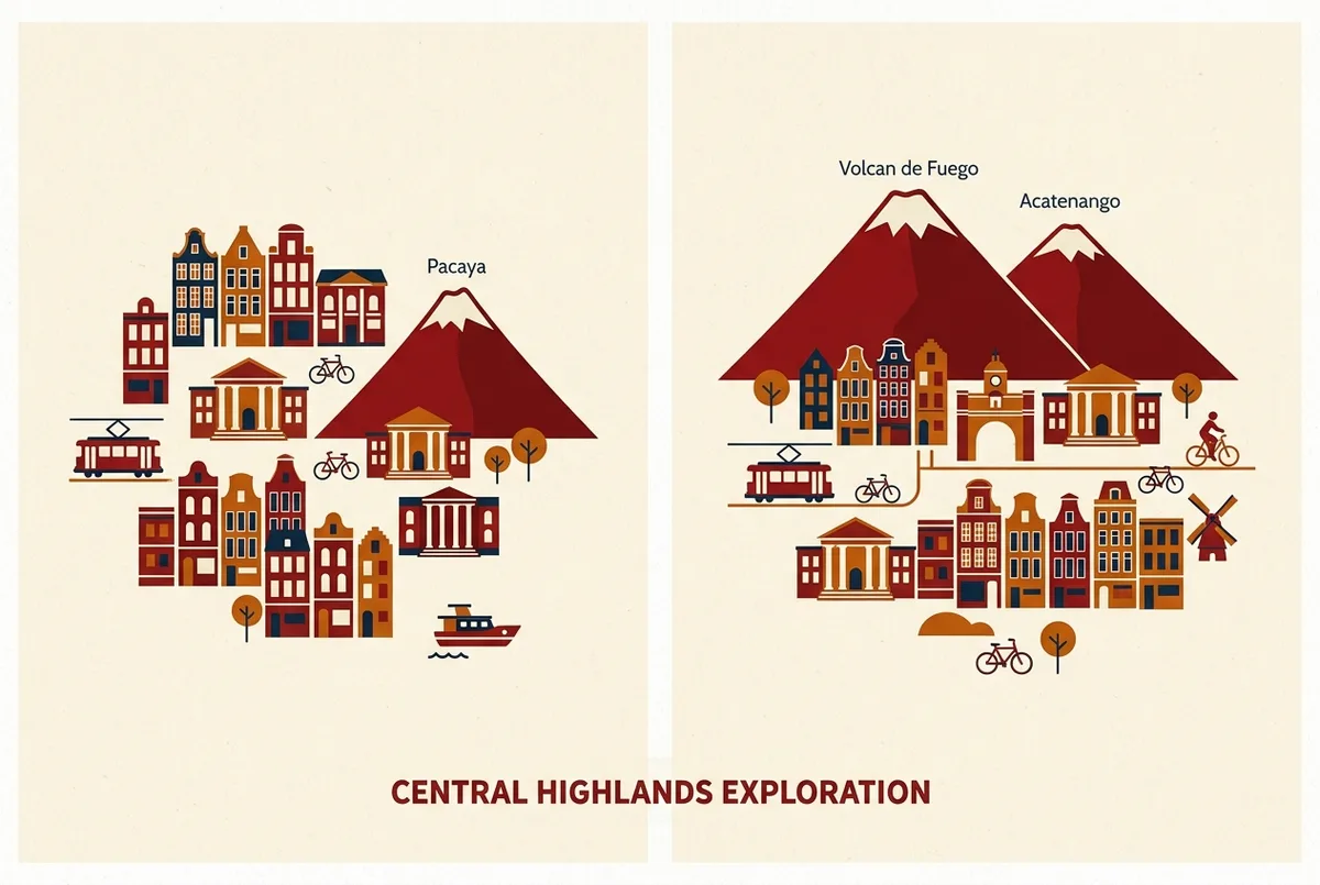 Simple side by side map showing Guatemala City near Pacaya volcano and Antigua Guatemala near Volcan de Fuego and Acatenango, minimalist travel comparison map with no numbers