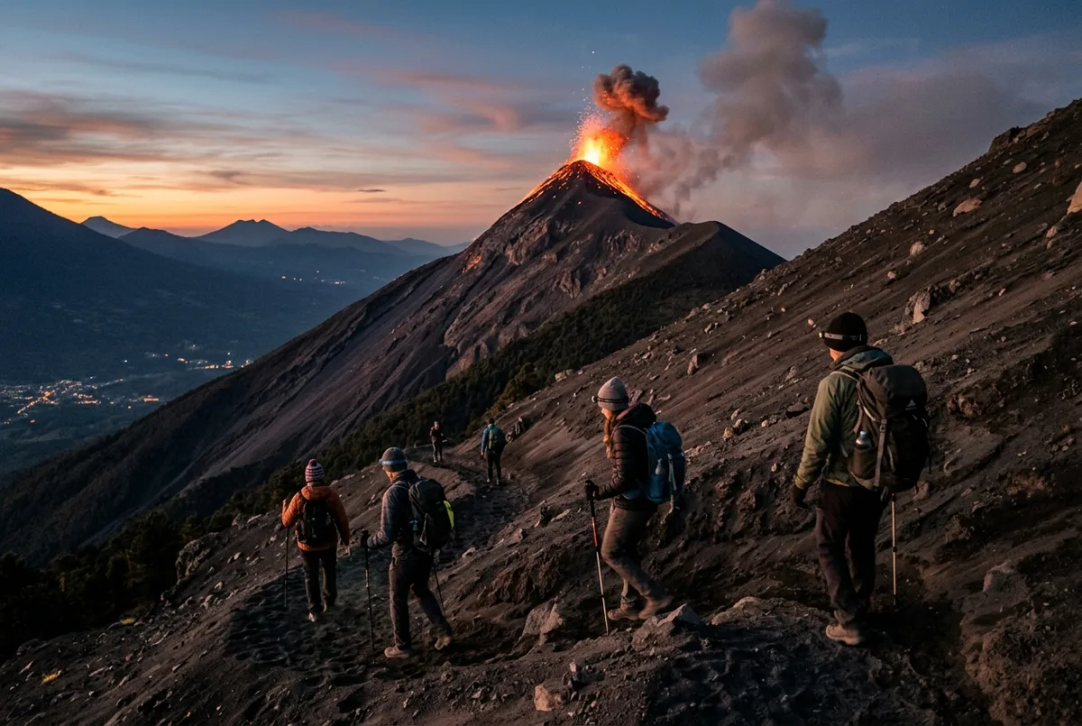Excursionista con mochila y bastones de trekking subiendo un sendero de ceniza volcánica hacia la cresta del volcán Acatenango, con el Volcán de Fuego en erupción al fondo bajo un cielo azul