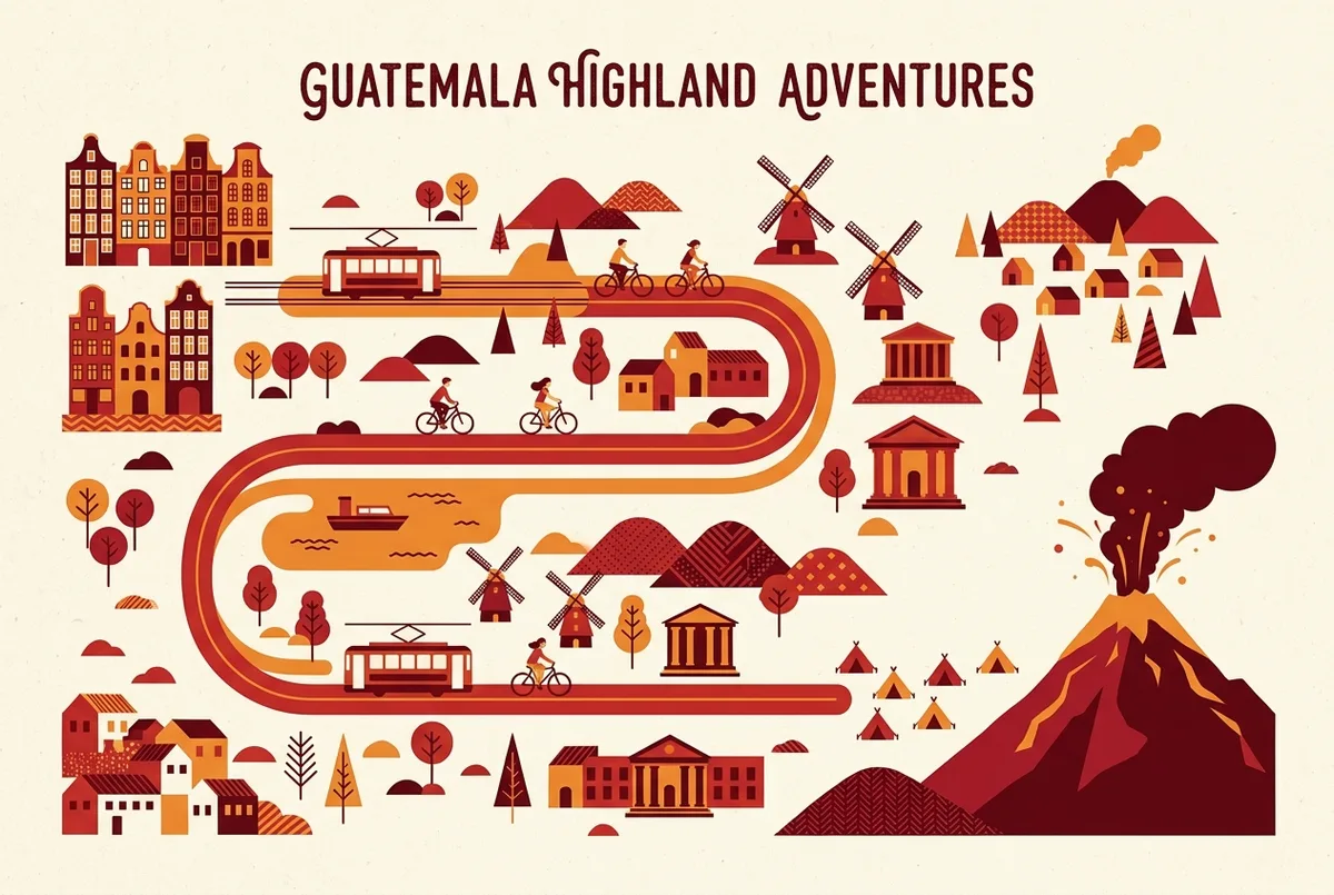 Mapa de la ruta de un tour al volcán de fuego desde Antigua Guatemala pasando por La Soledad hasta el campamento base del Acatenango frente al Fuego