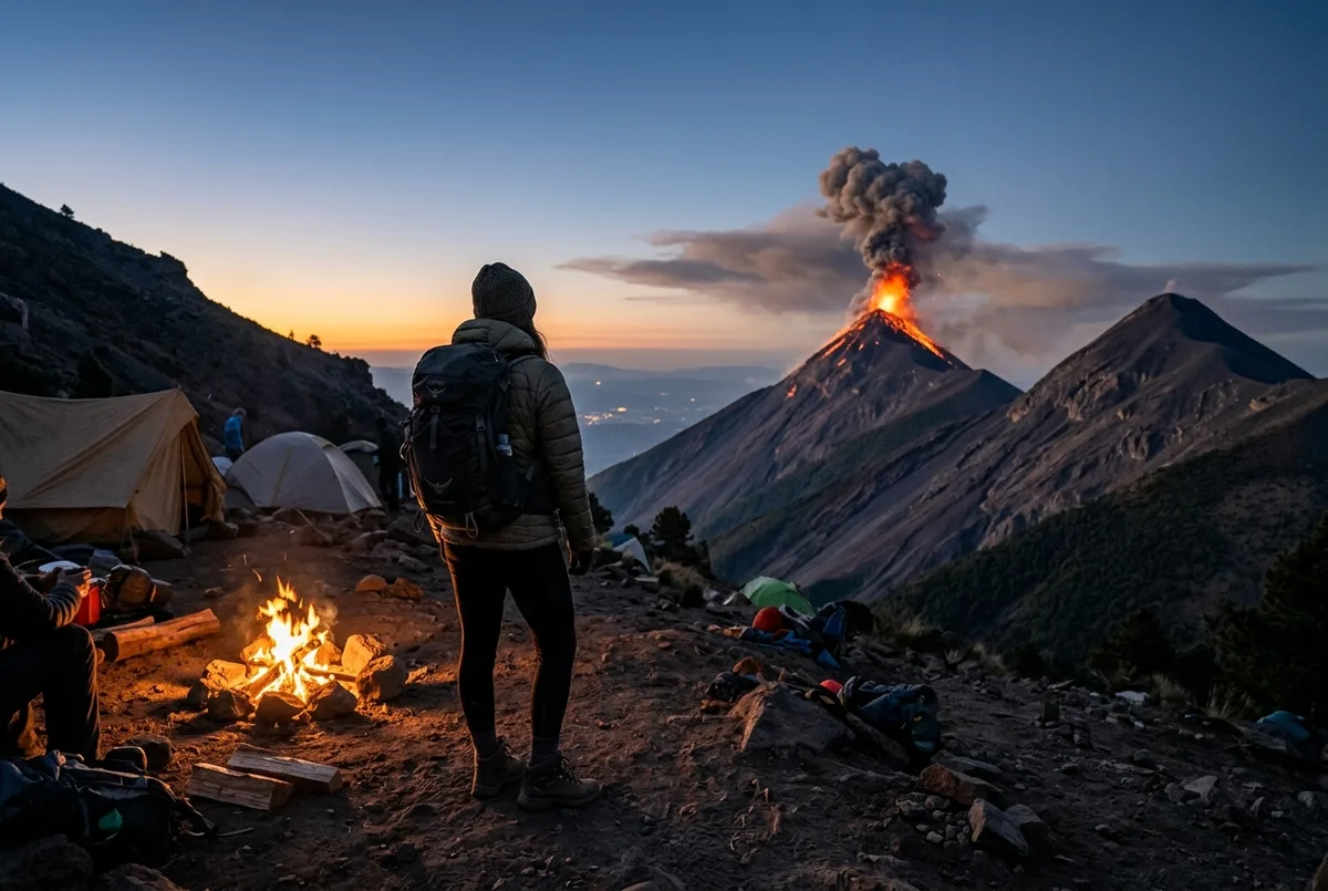 Hiker standing at Acatenango base camp at dusk watching Fuego volcano erupt across the valley, warm campfire glow nearby, is acatenango volcano tour worth it scene