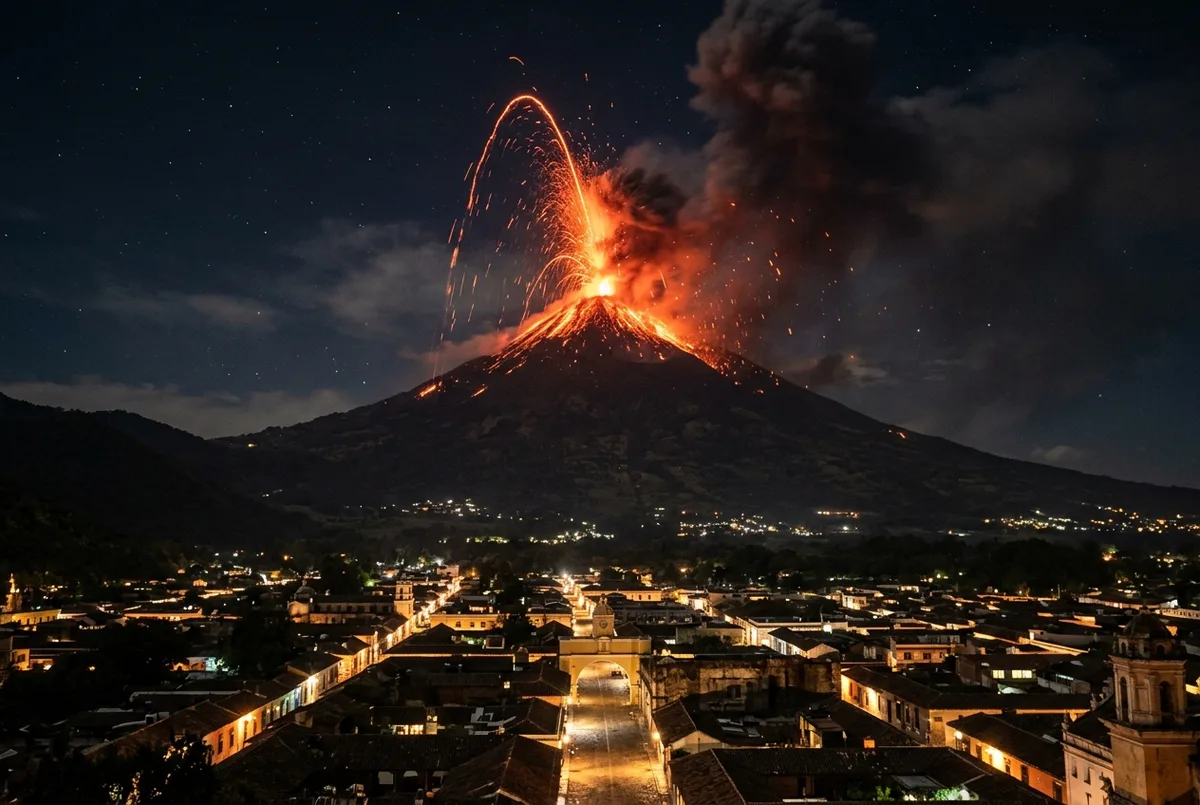 Nighttime view of Volcan de Fuego erupting with a glowing orange lava fragment arcing above the crater against a dark sky, showing current active volcano status