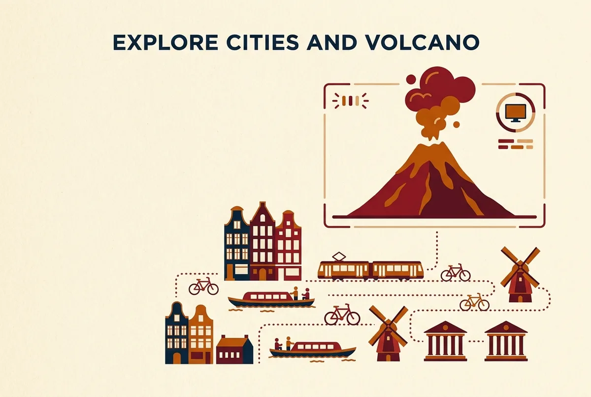 Simple activity status graphic showing a volcano icon with rising ash puffs and a small monitoring dashboard screen, minimalist infographic style with no numbers or claims