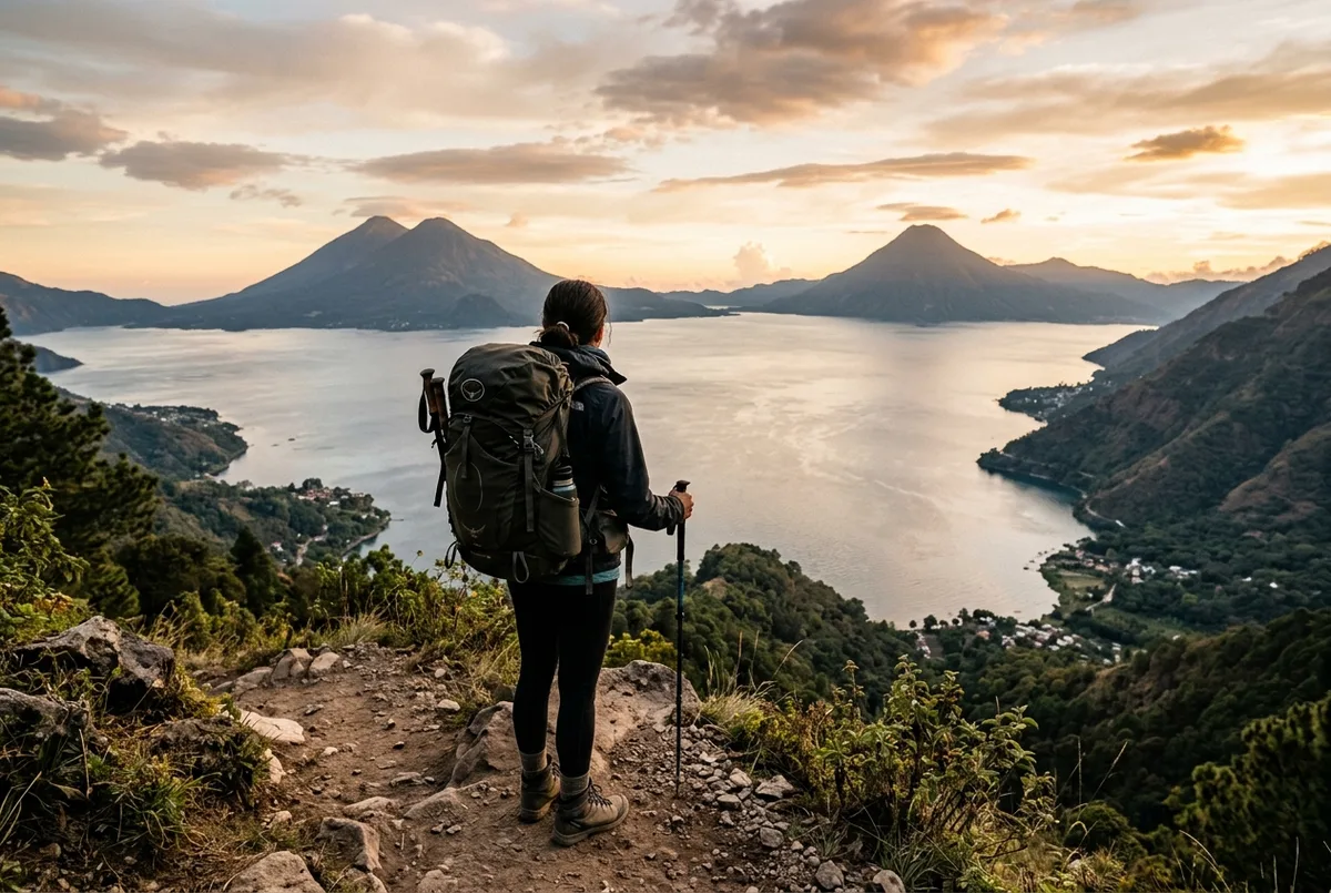 Traveler with a backpack looking out over Lake Atitlan with distant volcanoes on the horizon after finishing a Volcan de Fuego hike near Antigua, volcan de fuego to lake atitlan route scene