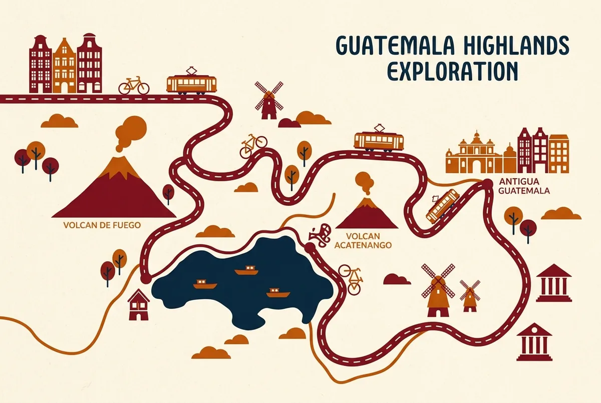 Simple overland route map showing Antigua Guatemala, Volcan de Fuego and Acatenango, and Lake Atitlan connected by a road line, minimalist travel planning map style with no numbers