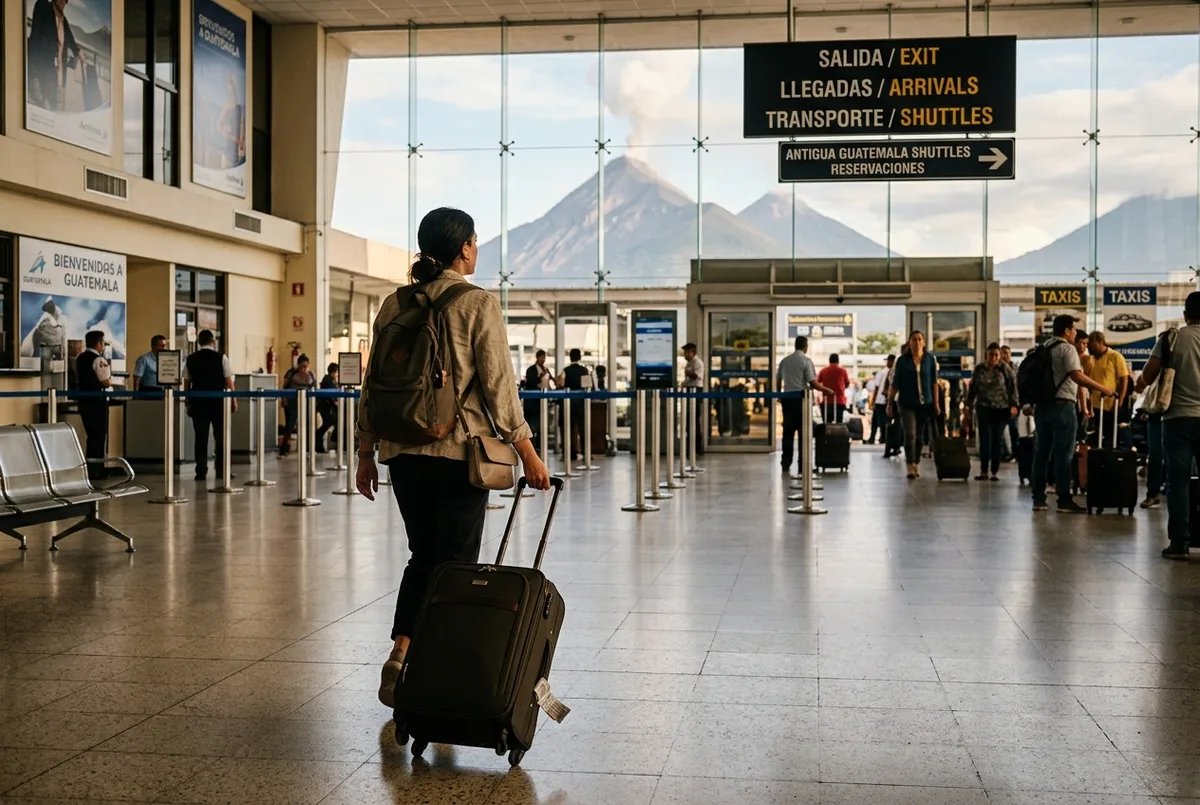 Traveler pulling a rolling suitcase through La Aurora International Airport arrivals hall in Guatemala City with a shuttle sign in the background, volcan de fuego nearest airport arrival scene