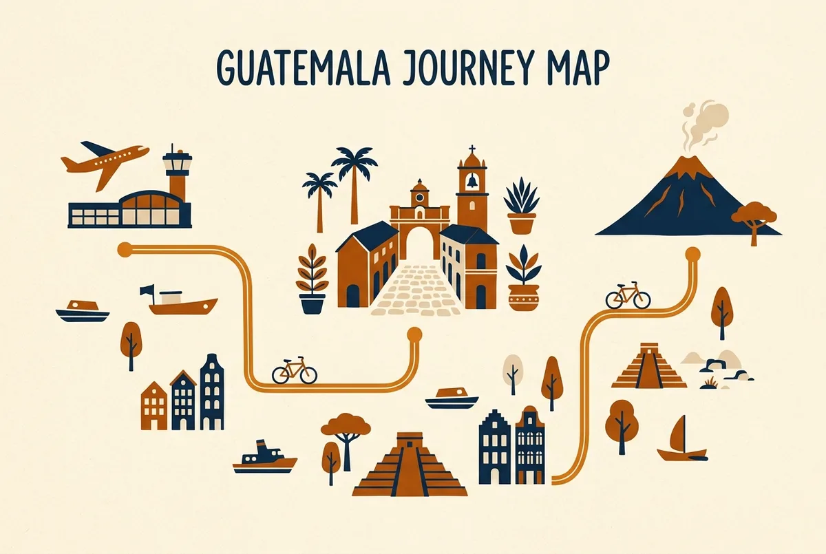 Simple route map showing La Aurora International Airport in Guatemala City connected by road to Antigua Guatemala and onward to Volcan de Fuego, minimalist travel logistics map style with no numbers