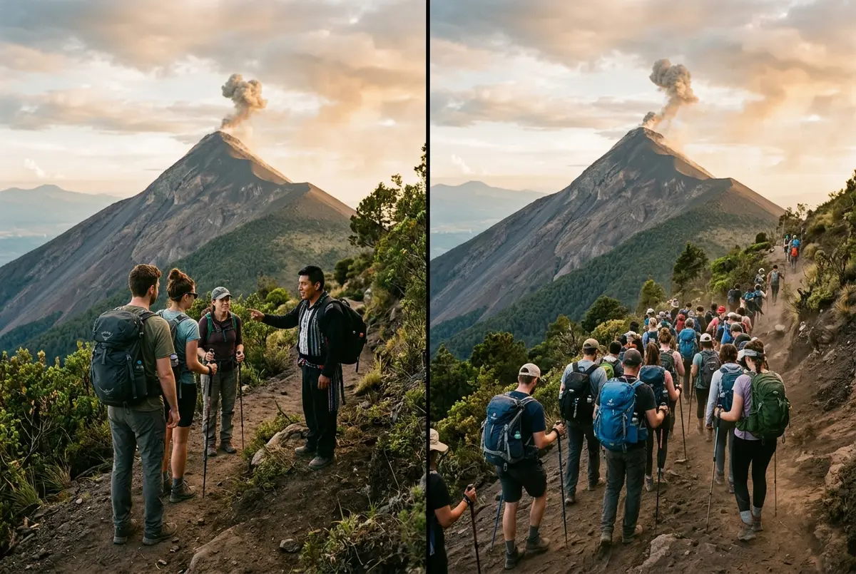 Escena dividida de un grupo pequeño con guía privado a un lado y un grupo compartido más grande caminando junto al otro lado, sendero del Acatenango con el Volcán de Fuego humeando detrás, comparación de tour privado volcan acatenango