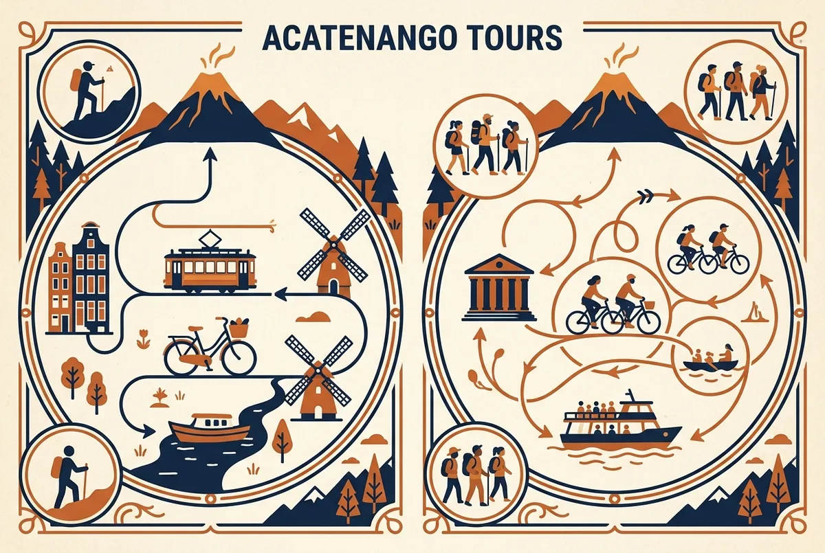 Infografía comparando el tour privado y el tour en grupo al volcán Acatenango por tamaño de grupo y ritmo, con íconos genéricos de Privado y Grupo, sin precios visibles