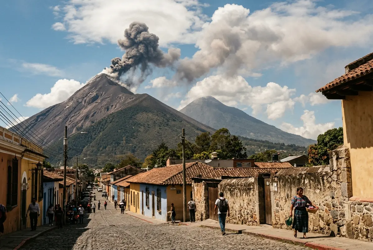 Close daytime view of Volcan de Fuego's steep symmetrical stratovolcano cone with a thin gray ash column rising from the summit, illustrating its volcano type