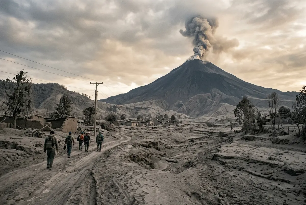 Somber documentary style wide shot of a gray ash covered landscape near Volcan de Fuego with a distant ash column rising, evoking the aftermath of the volcan de fuego eruption 2018