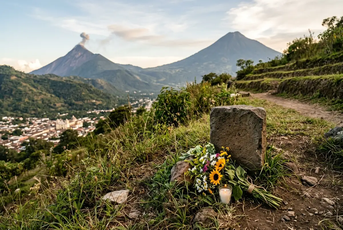 Respectful memorial style image showing a simple stone marker and fresh flowers on a hillside overlooking a distant volcano, generic and dignified in tone, no text or statistics visible