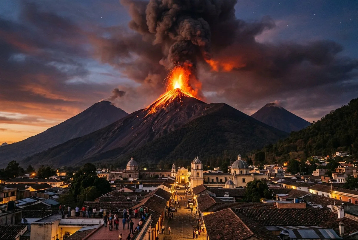 Archival style wide shot of Volcan de Fuego erupting at dusk with a glowing lava fountain and ash column, capturing its long documented history of activity