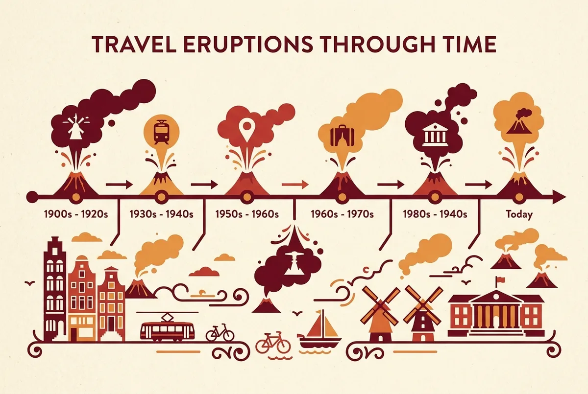 Simple eruption timeline infographic showing key decades from the 1900s to today with icons marking notable eruptive episodes along a horizontal line