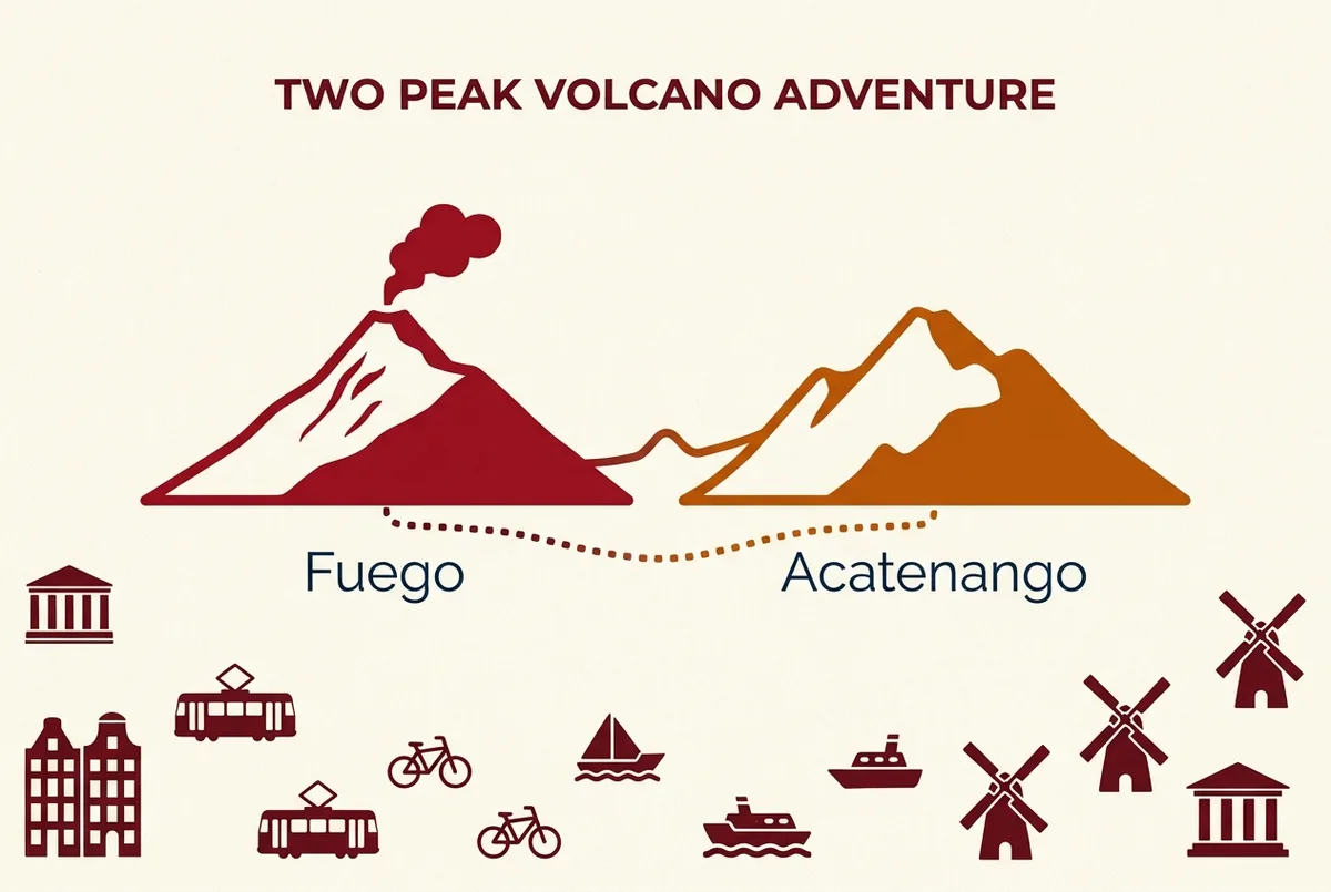 Side by side silhouette comparison infographic of two volcano peak outlines labeled Fuego and Acatenango with a simple connecting ridge line, minimalist style with no numbers