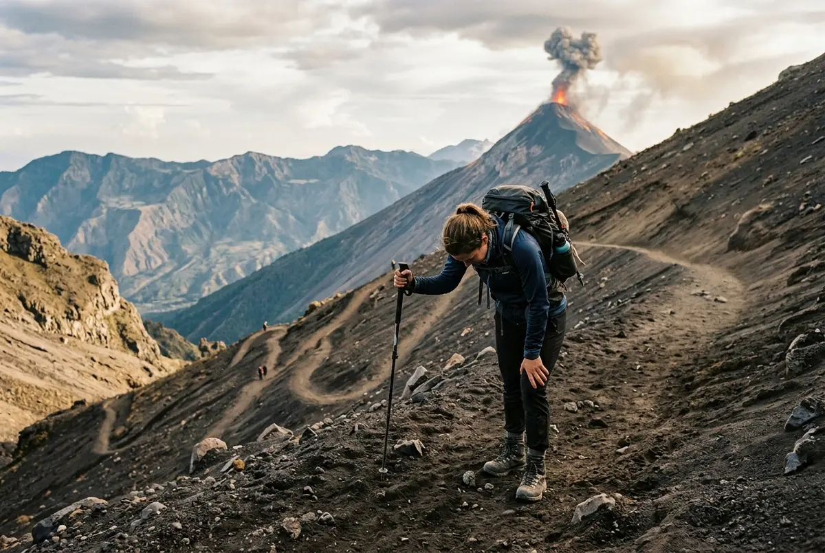 Hiker pausing to catch their breath on a steep volcanic ash switchback on the Acatenango trail, visible effort and thin mountain air, volcan de fuego hike difficulty scene