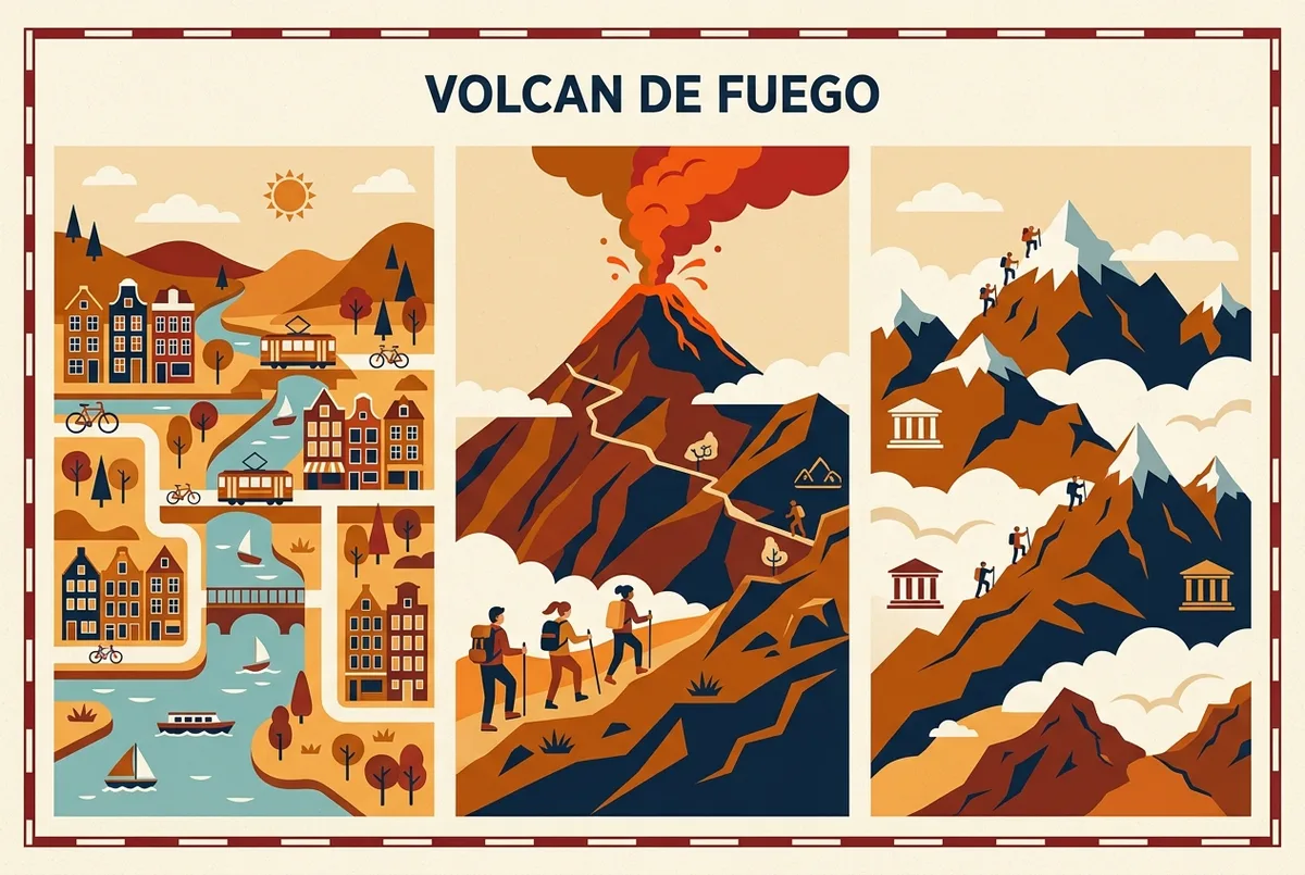 Side by side comparison graphic rating Acatenango volcan de fuego hike difficulty against a moderate day hike and a strenuous mountain trek